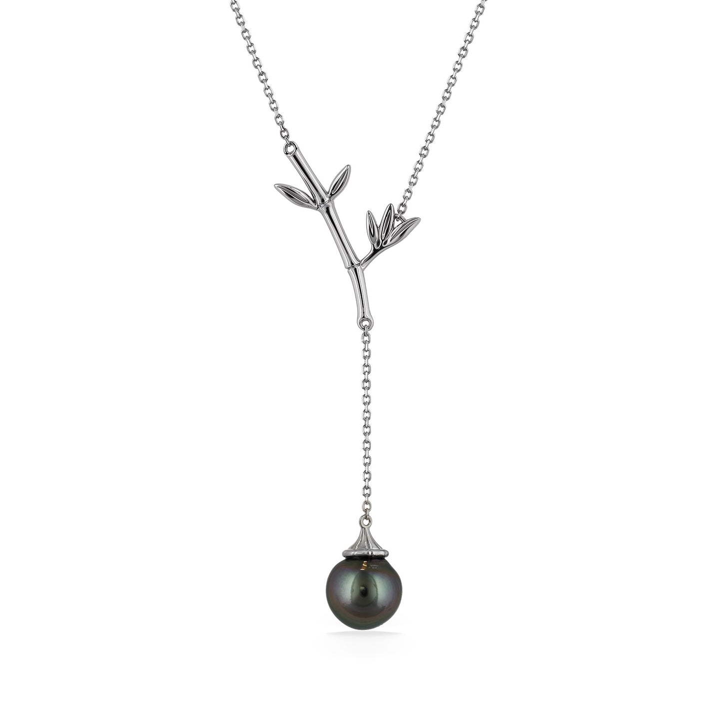 Focused picture of white gold lariat, with bamboo at y-section and tahitian pearl hanging at bottom of drop. Item No. 45215