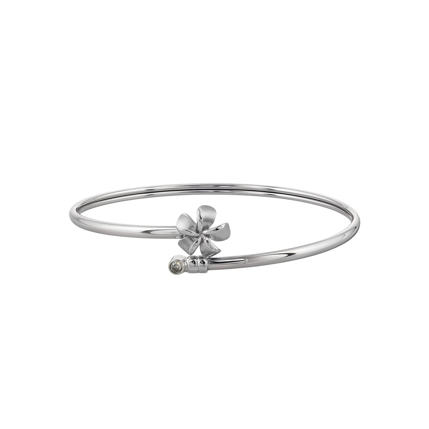 A sleek 14k white gold bangle bracelet finished with a sculpted plumeria flower and diamond tip. Item No. 45224