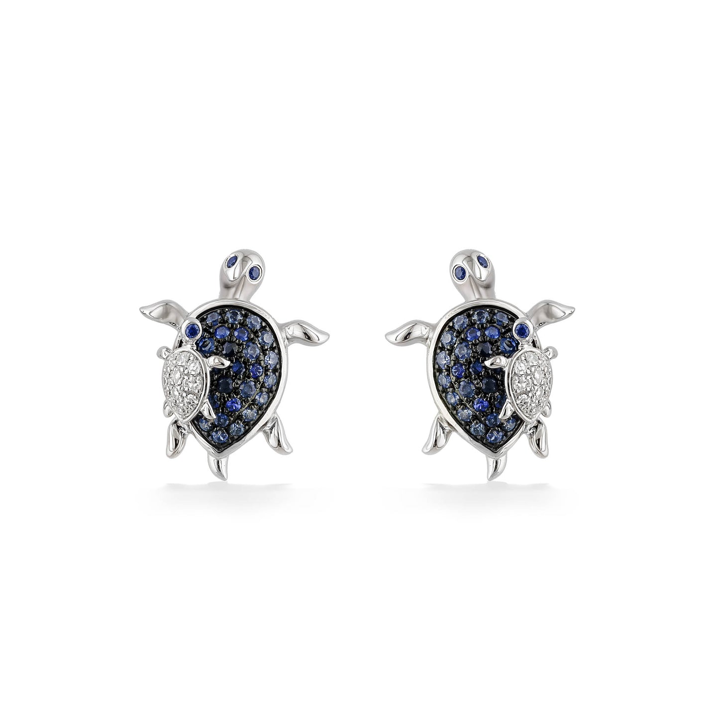 Turtle studs featuring blue sapphire-set shells & eyes, and diamond baby turtles, made in 14k white gold. Item No. 774013