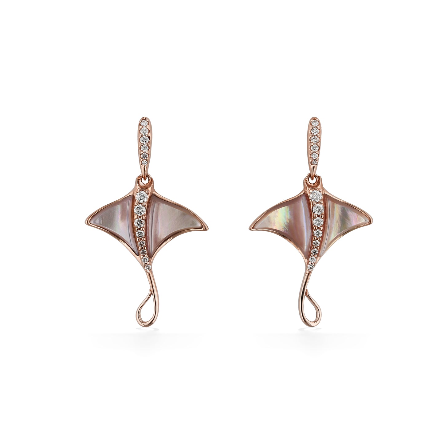 Front view of rose gold manta ray earrings with iridescent pink mother-of-pearl wings & curved diamond line. Item No. 774020