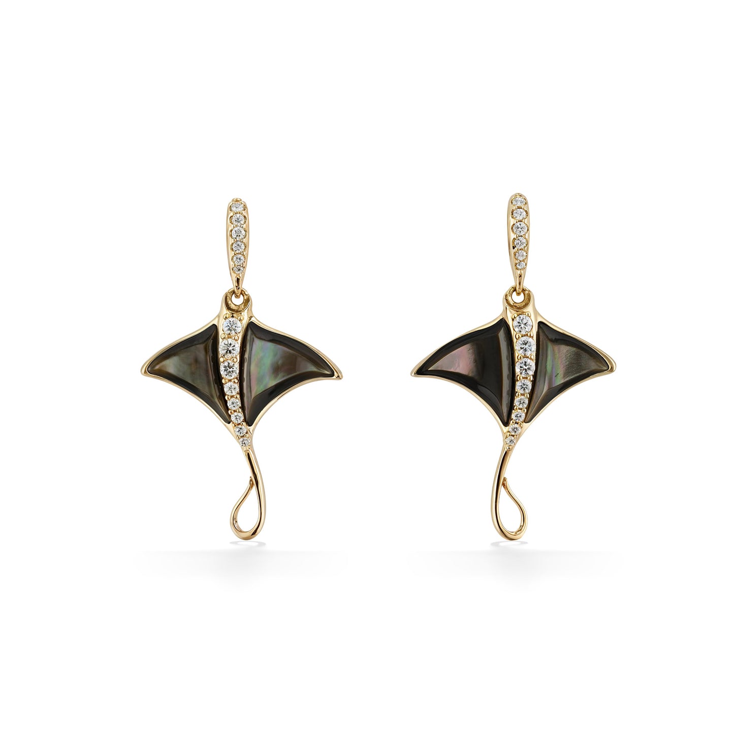 Front view of manta ray earrings with Tahitian mother-of-pearl wings & a diamond line in 14k yellow gold. Item No. 774021
