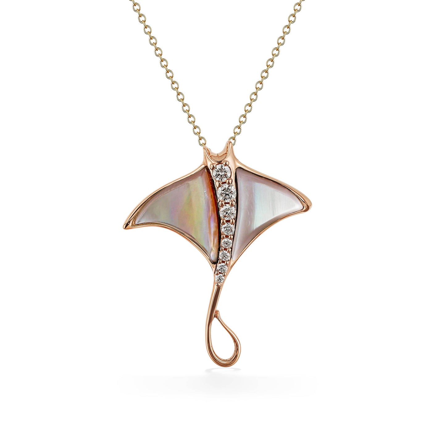 Manta ray pendant crafted in rose gold with pink mother-of-pearl inlay & diamond accents. Item No. 774019