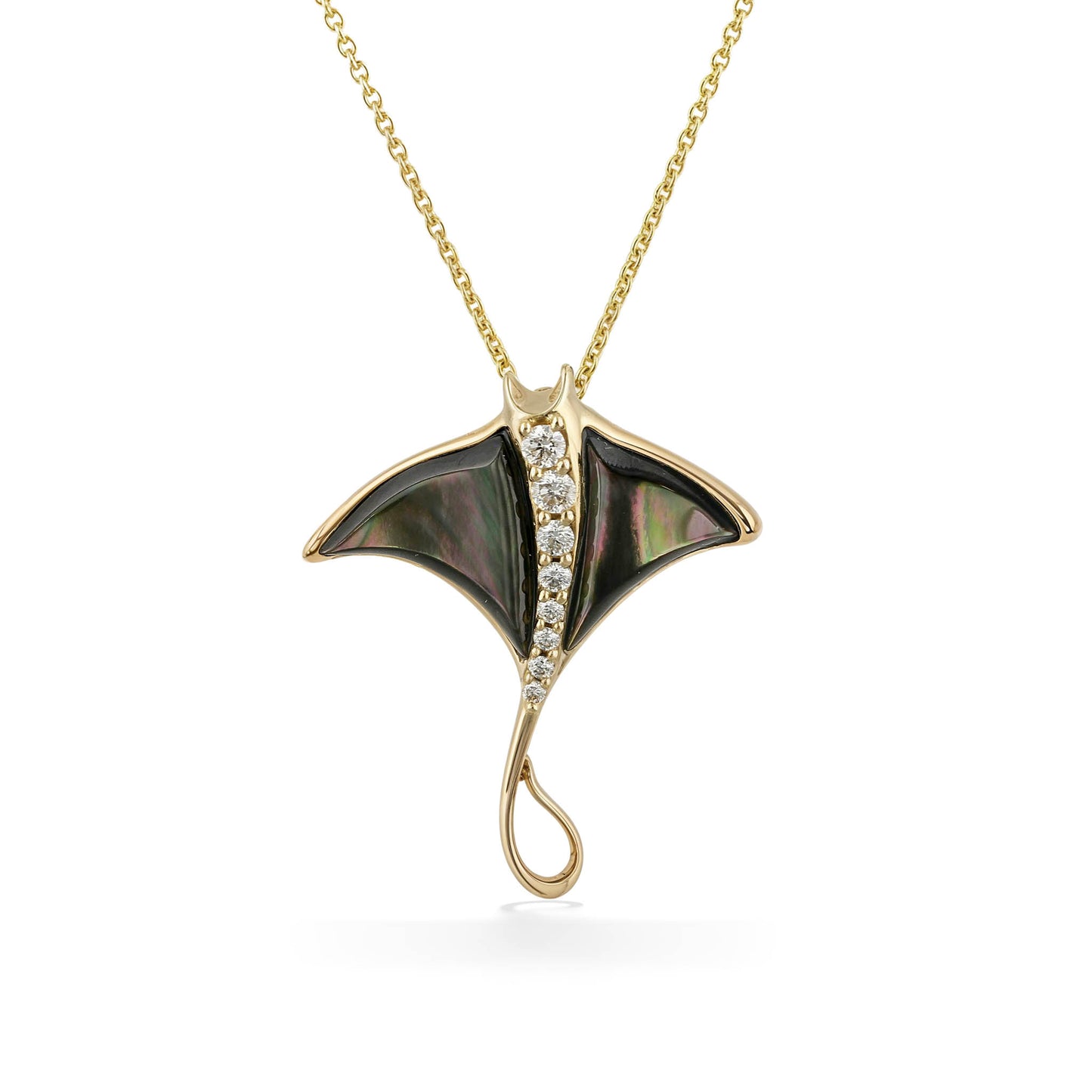 Manta ray pendant featuring tahitian mother-of-pearl inlay & a curved line of sparkling diamonds. Item No. 774018