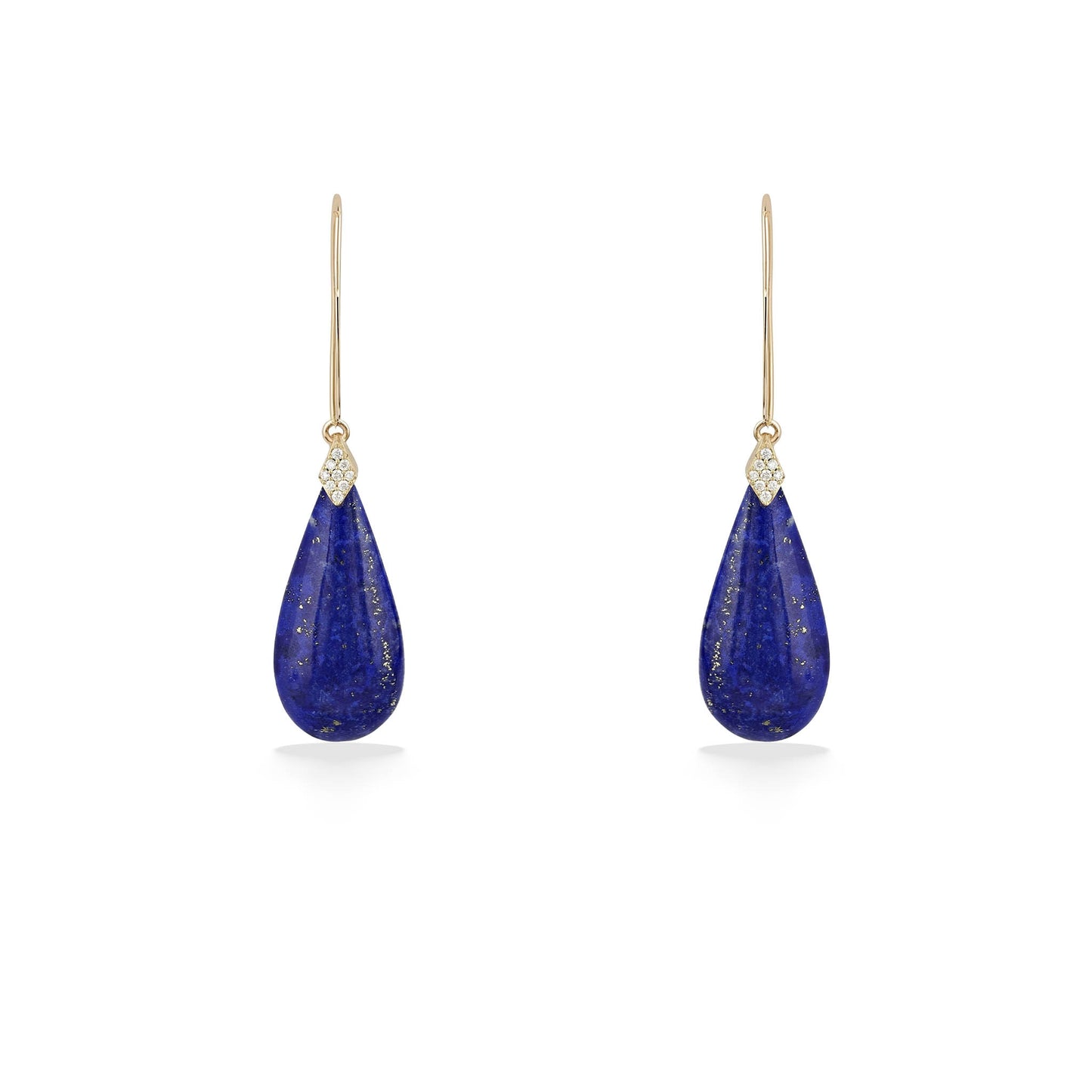 A symmetrical pair of lapis lazuli drop earrings with gold hooks and diamond accents. Item No. 774038