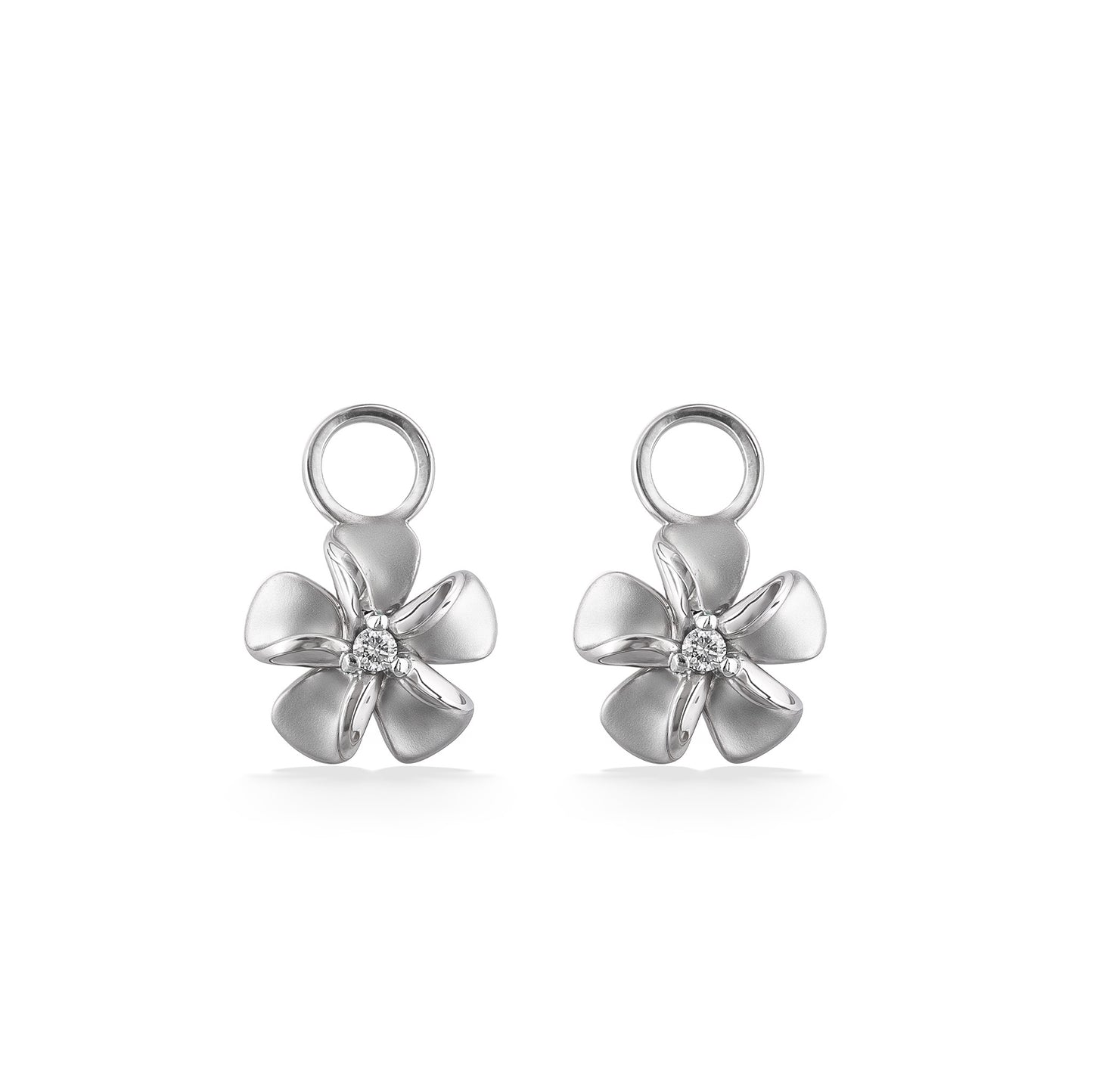 Plumeria earring charms set in 14K white gold with jump ring attached to top of flowers and center diamonds. Item No. 45236