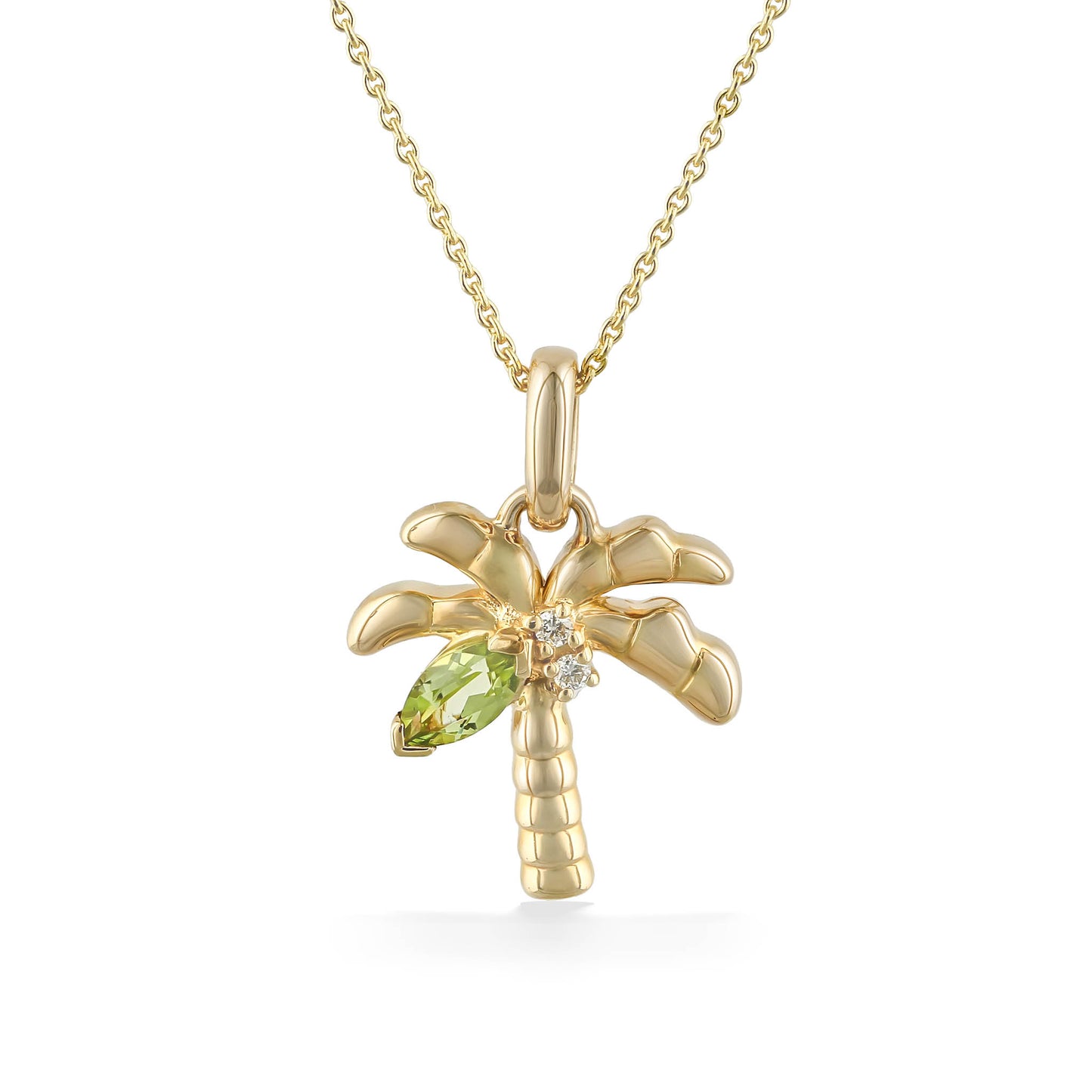 14k yellow gold palm tree pendant with inspired marquise-shaped peridot leaf & 2 sparkly coconut diamonds. Item No. 45238