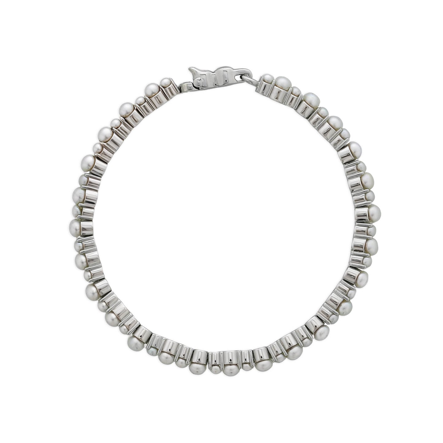 Top view of pearl tennis bracelet with white freshwater pearls set in sterling silver links & a secure clasp. Item No. 774057