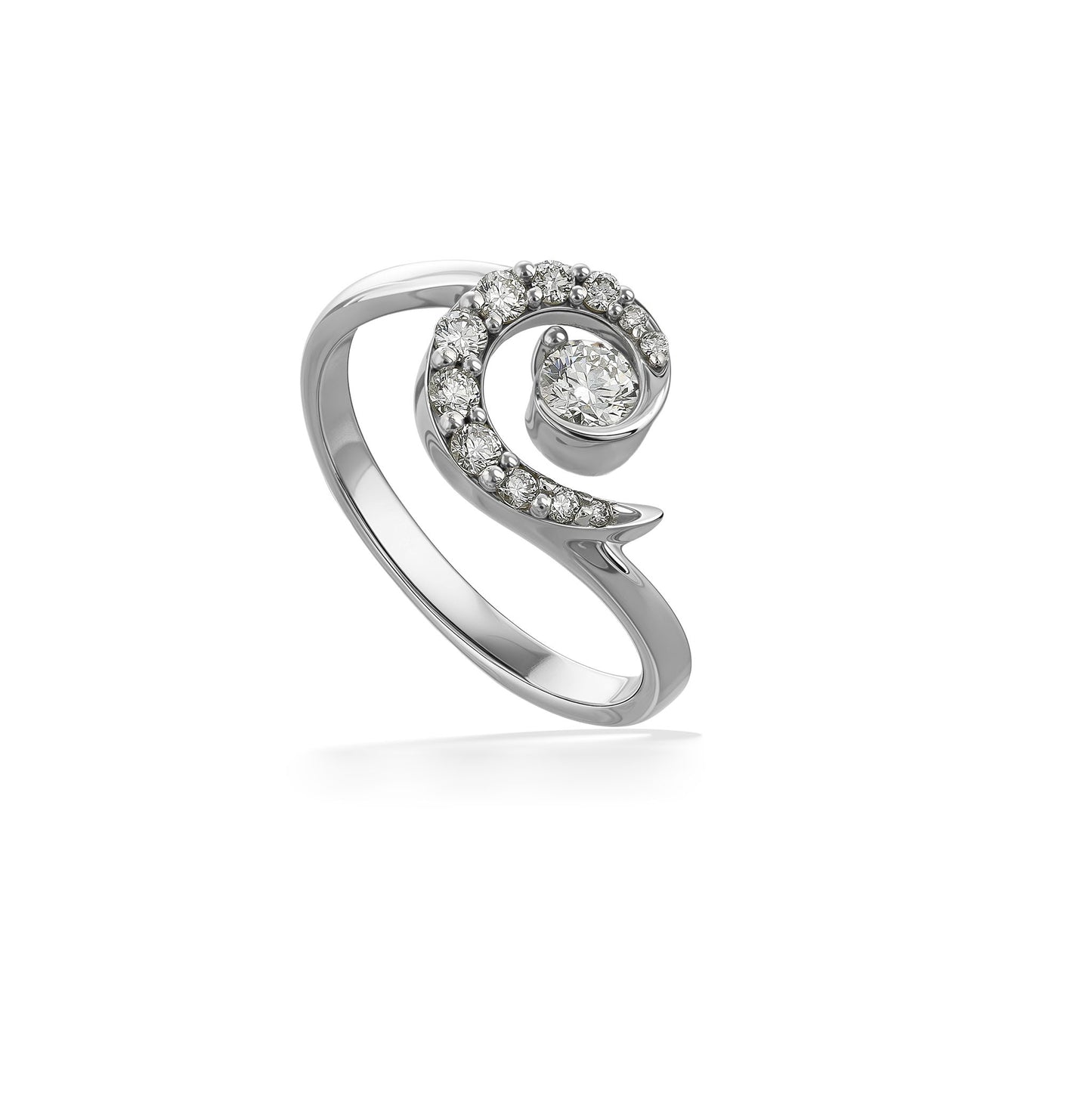 Elegant ring with a half diamond swirl on top, set in 14K white gold, highlighting a bigger center diamond. Item No. 45243