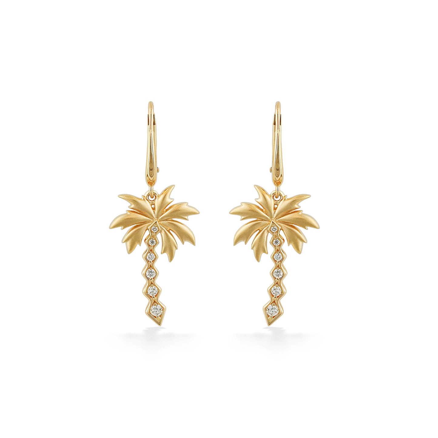 Front view of palm tree leverback earrings in 14K yellow gold with matte leaves & diamonds lined in its trunk. Item No. 45245