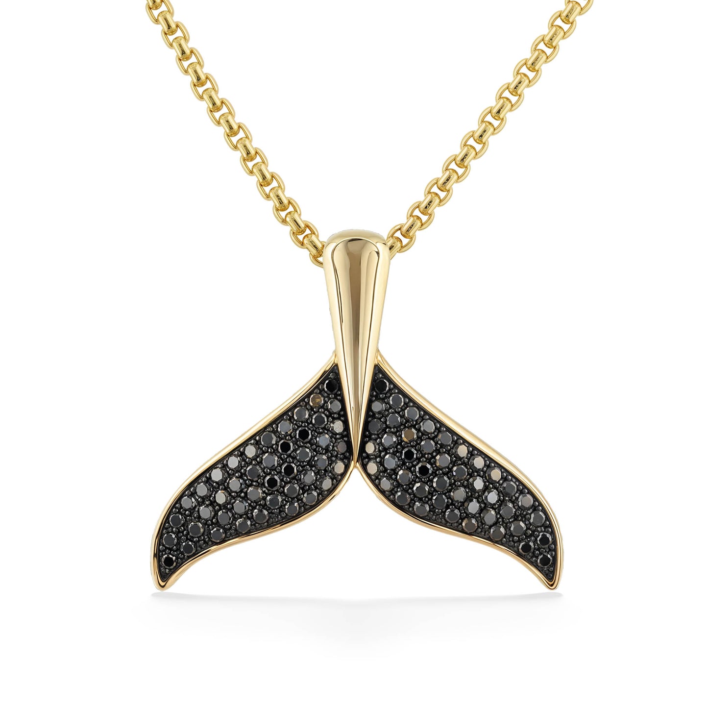 Yellow gold whale tail pendant adorned with black diamonds on its fluke, hanging on a 14k yellow gold chain. Item No. 774133