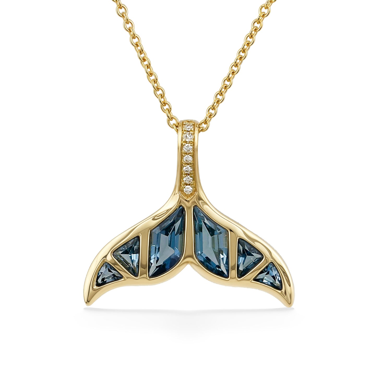 Whale tail shaped yellow gold pendant, inlaid with geometric blue topaz & accented by diamonds on the bale. Item No. 774147