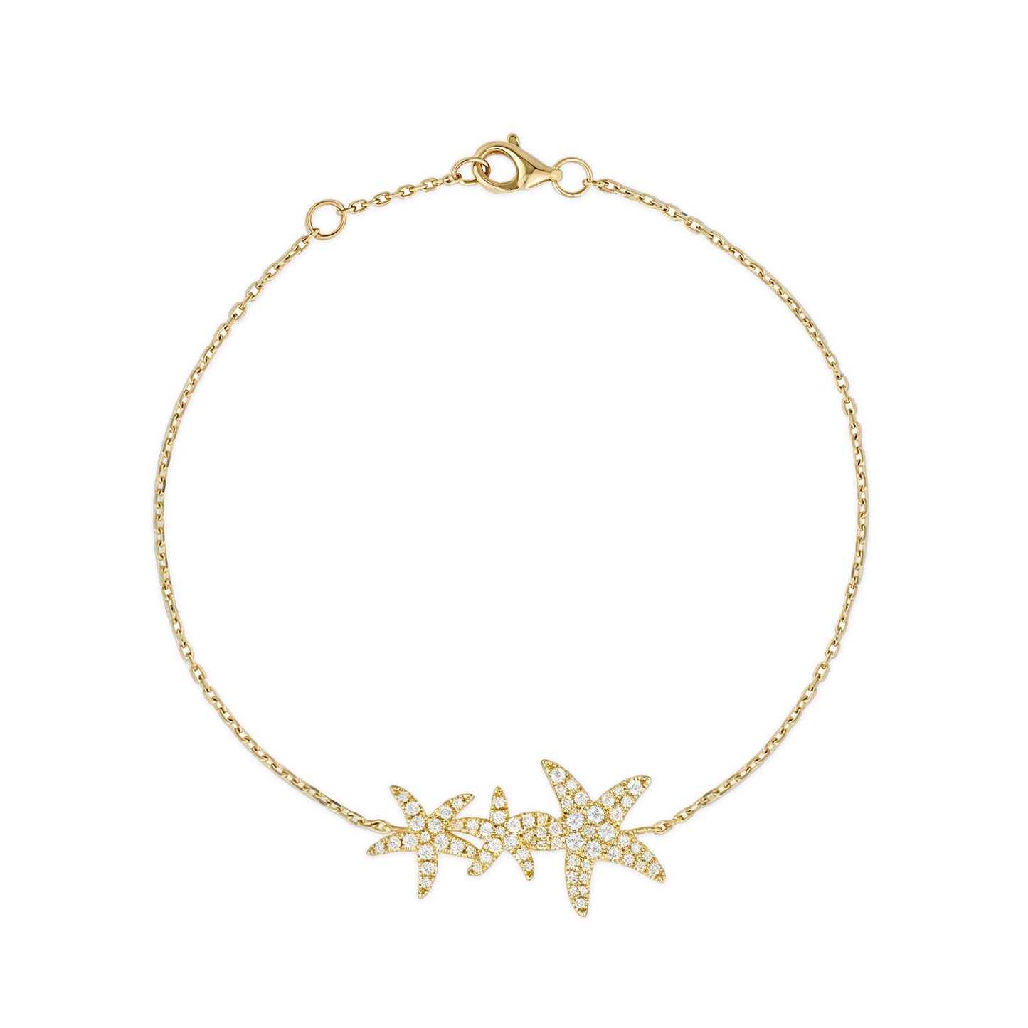 Diamond starfish bracelet with a trio of starfish connected by a delicate yellow gold chain & lobster clasp. Item No. 774138