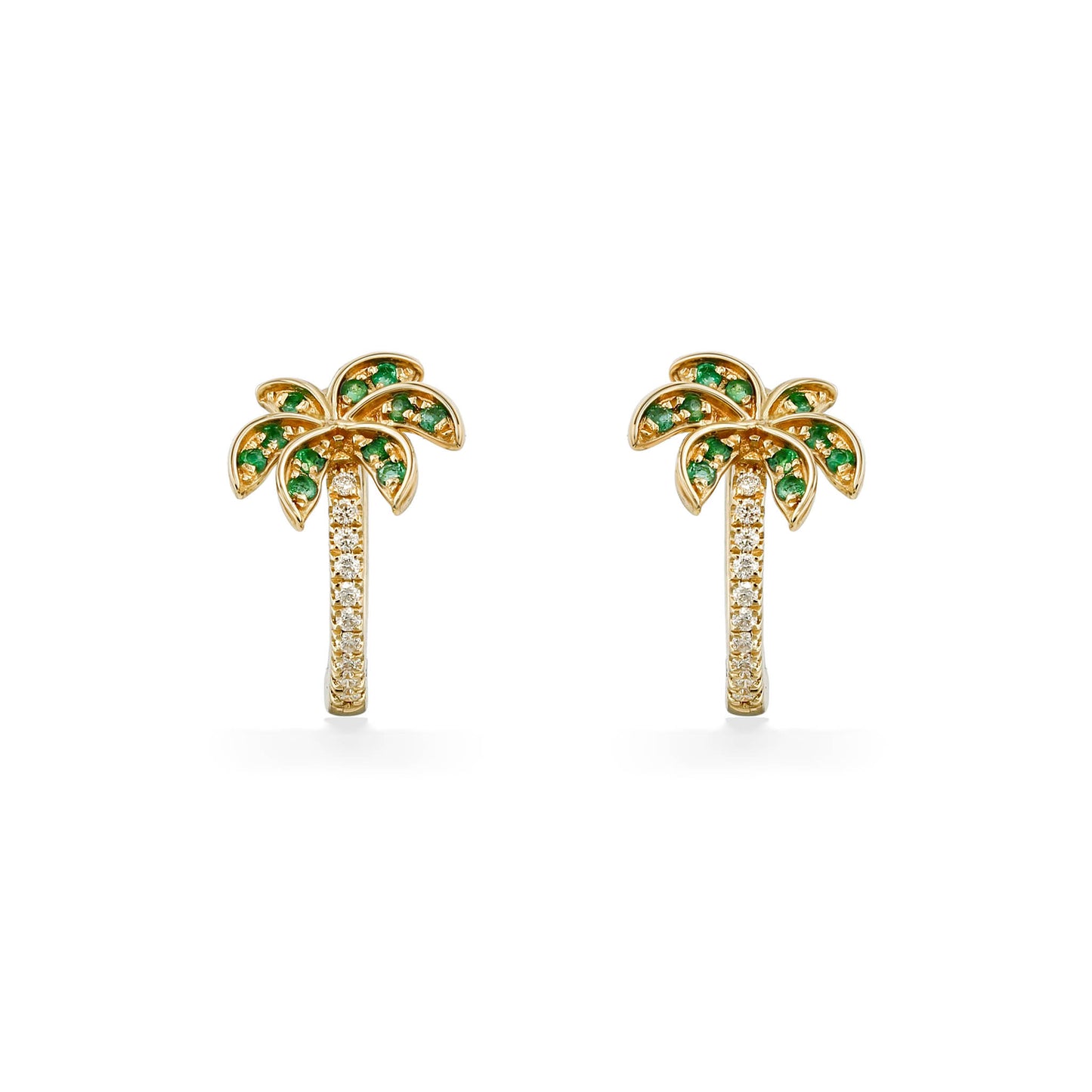 Front view of palm tree huggie hoop earrings featuring green emerald leaves and a diamond-accented trunk. Item No. 774144