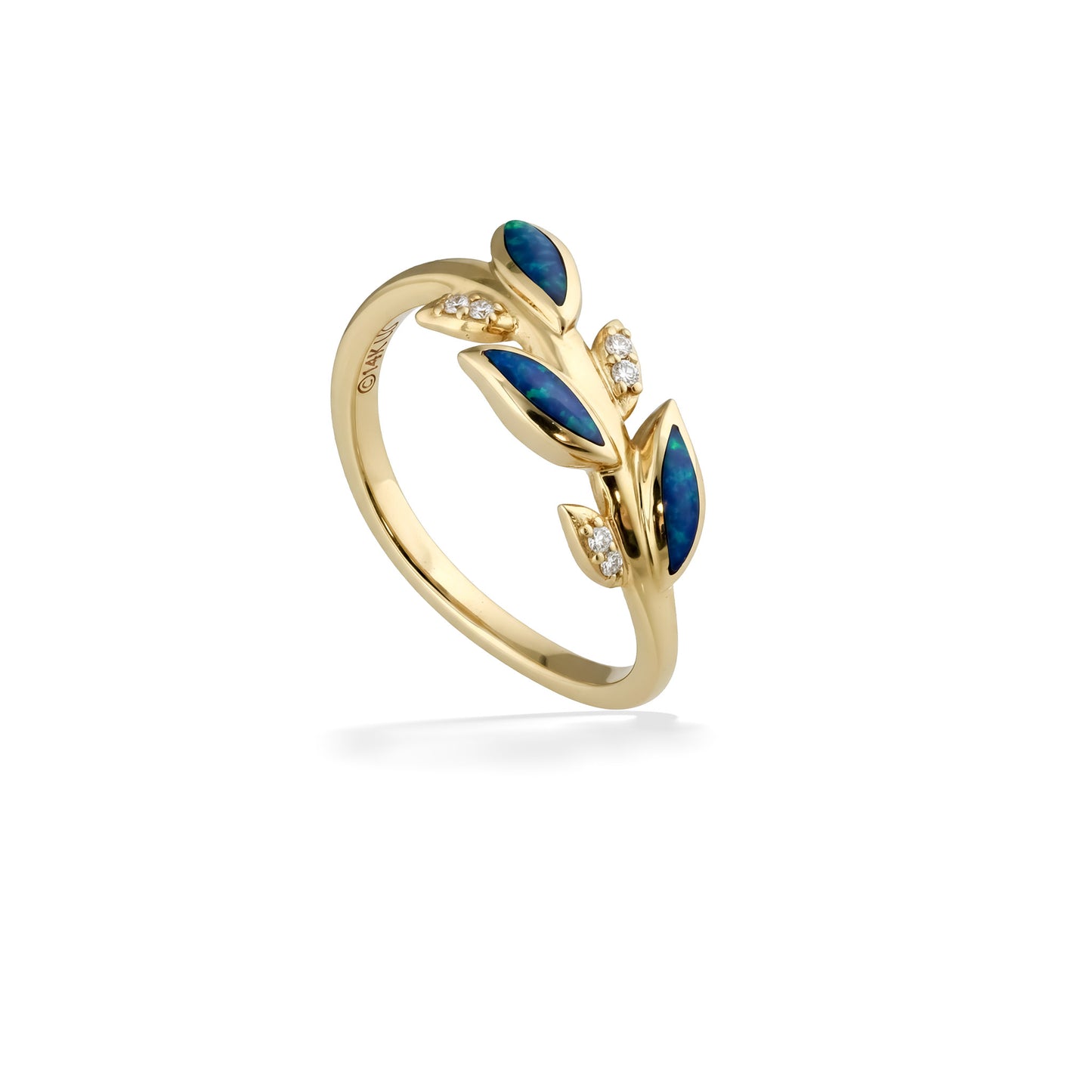 Polished yellow gold Kabana vine ring with vivid opal inlay and delicate diamond accents along the design. Item No. 774172