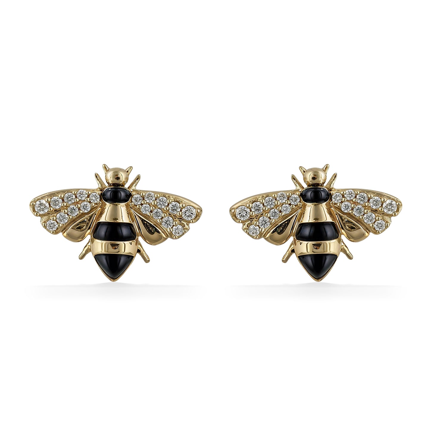 Seen head-on, matching gold bee studs sparkle with pavé diamond wings and glossy black enamel bodies. Item No. 774192