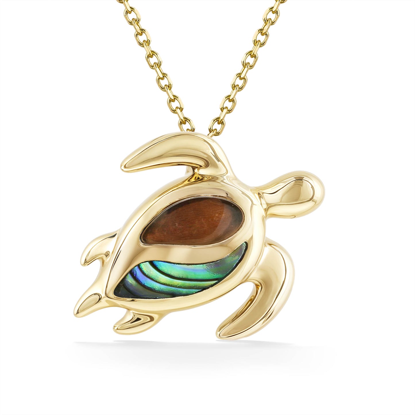 Gold honu pendant necklace with koa wood & iridescent abalone shell inlay, shown on a 14k yellow gold chain. Item No. 45257