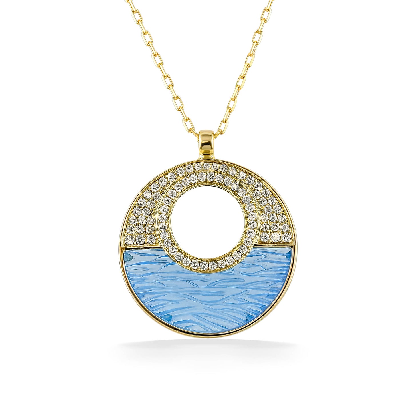 Round pendant inspired by ocean waves, featuring a textured blue topaz inlay accented by pavé-set diamonds. Item No. 774199