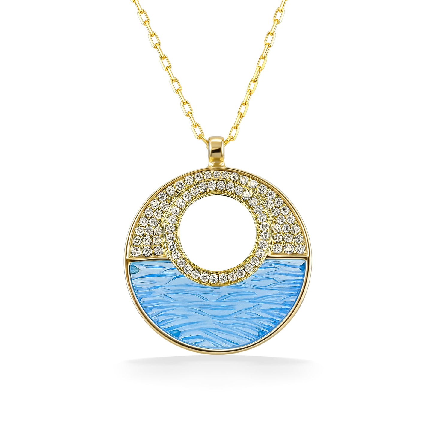 Round pendant inspired by ocean waves, featuring a textured blue topaz inlay accented by pavé-set diamonds. Item No. 774199