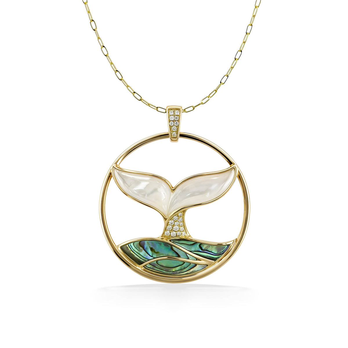 Whale tail pendant in a 14k gold circle featuring white mother of pearl & abalone inlay with diamond accents. Item No. 774203