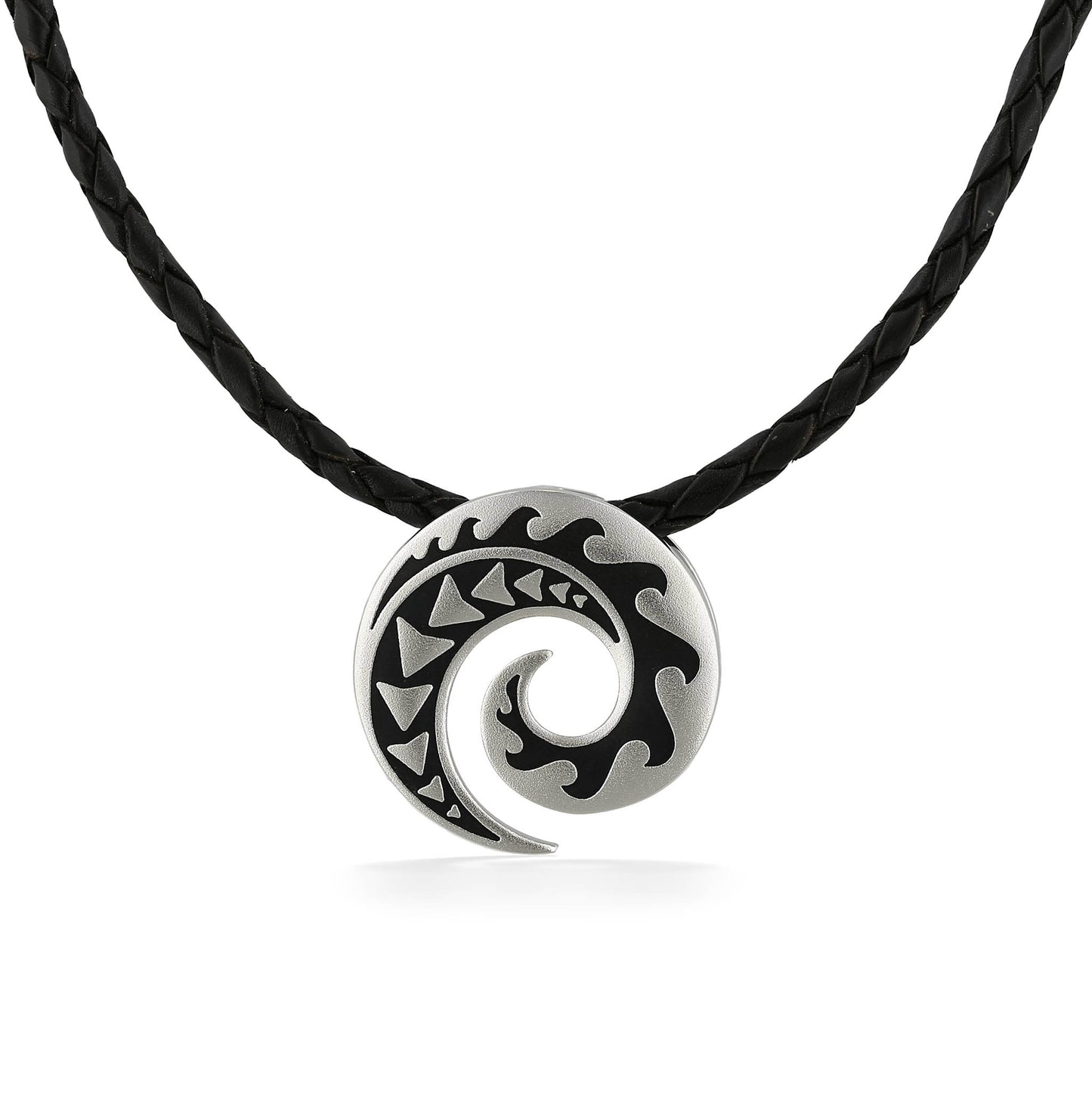 Sterling silver tattoo Piko pendant with a circular black enamel wave design on a black braided leather cord. Item No. 45265