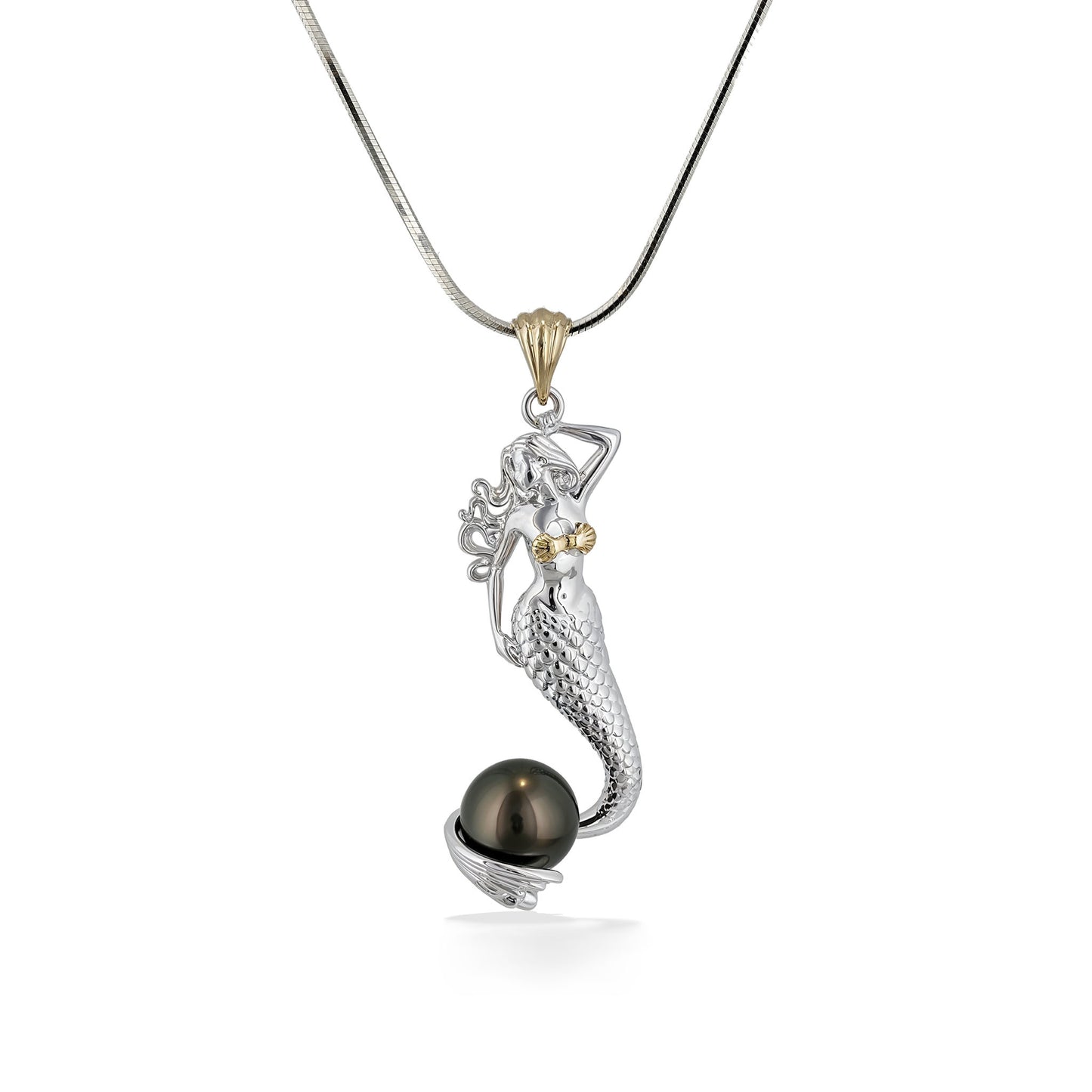 Two-tone mermaid pendant necklace with sculpted sterling silver figure holding a tahitian pearl accent. Item No. 45264