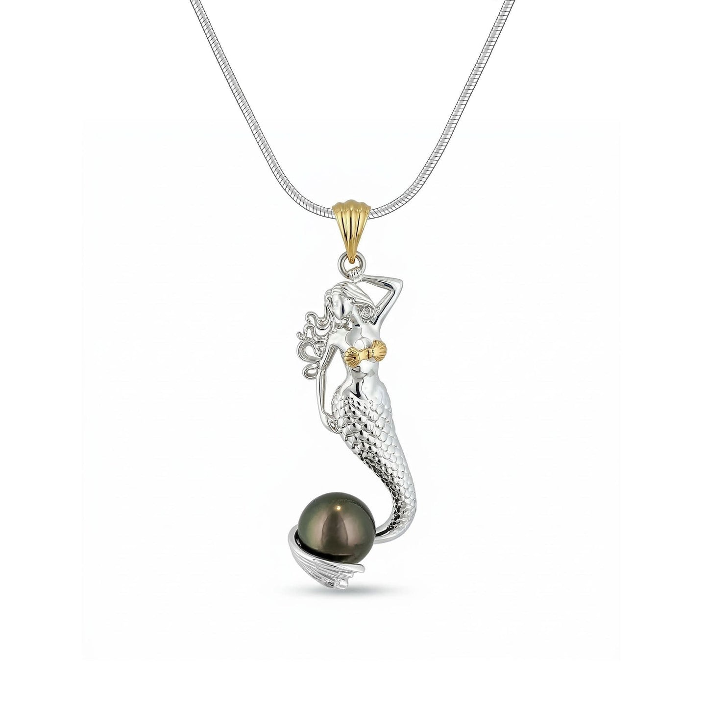 Two-tone mermaid pendant necklace with sculpted sterling silver figure holding a tahitian pearl accent. Item No. 45264