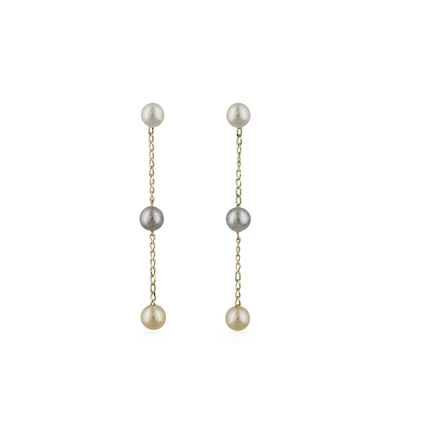 Pearl chain earrings shown from front and side angles with mixed-tone akoya pearls and gold posts. Item No. 224420