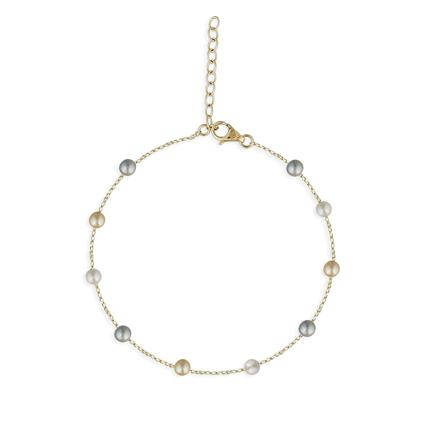 Elegant 14K yellow gold station bracelet adorned with multicolor Akoya pearls spaced along a delicate chain. Item No. 224425