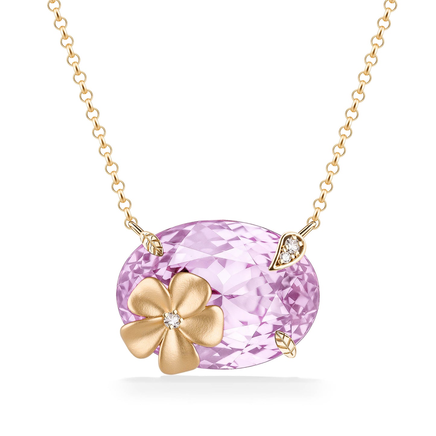 Yellow gold necklace with large oval-cut amethyst gemstone accented by matte plumeria & diamond leaf details. Item No. 774257