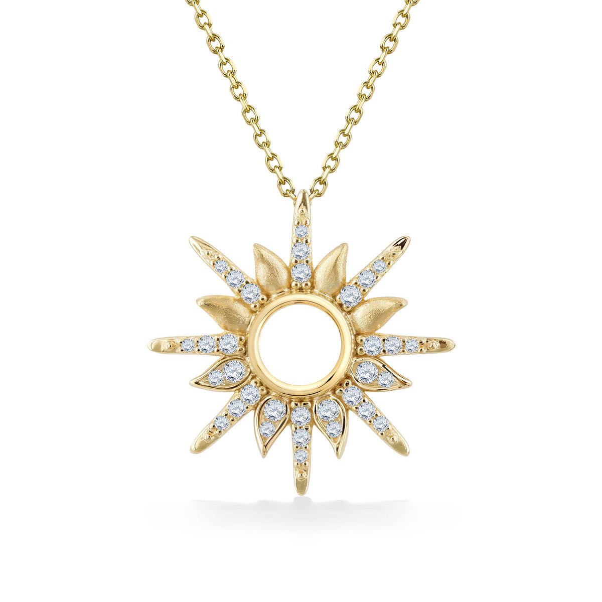 14k yellow gold sunburst pendant featuring alternating polished & diamond-set rays encircling an open center. Item No. 45280