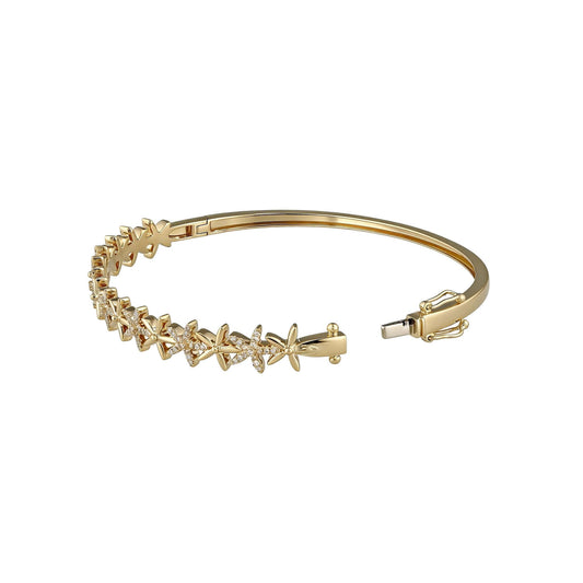 Hinged gold flower bangle bracelet with diamond accents, focusing on the 14k white gold tongue of the clasp. Item No. 774274
