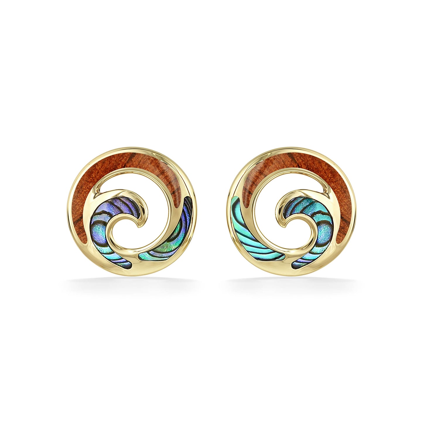 Front view of 14k yellow gold wave circle stud earrings with koa wood and abalone inlay. Item No. 45286