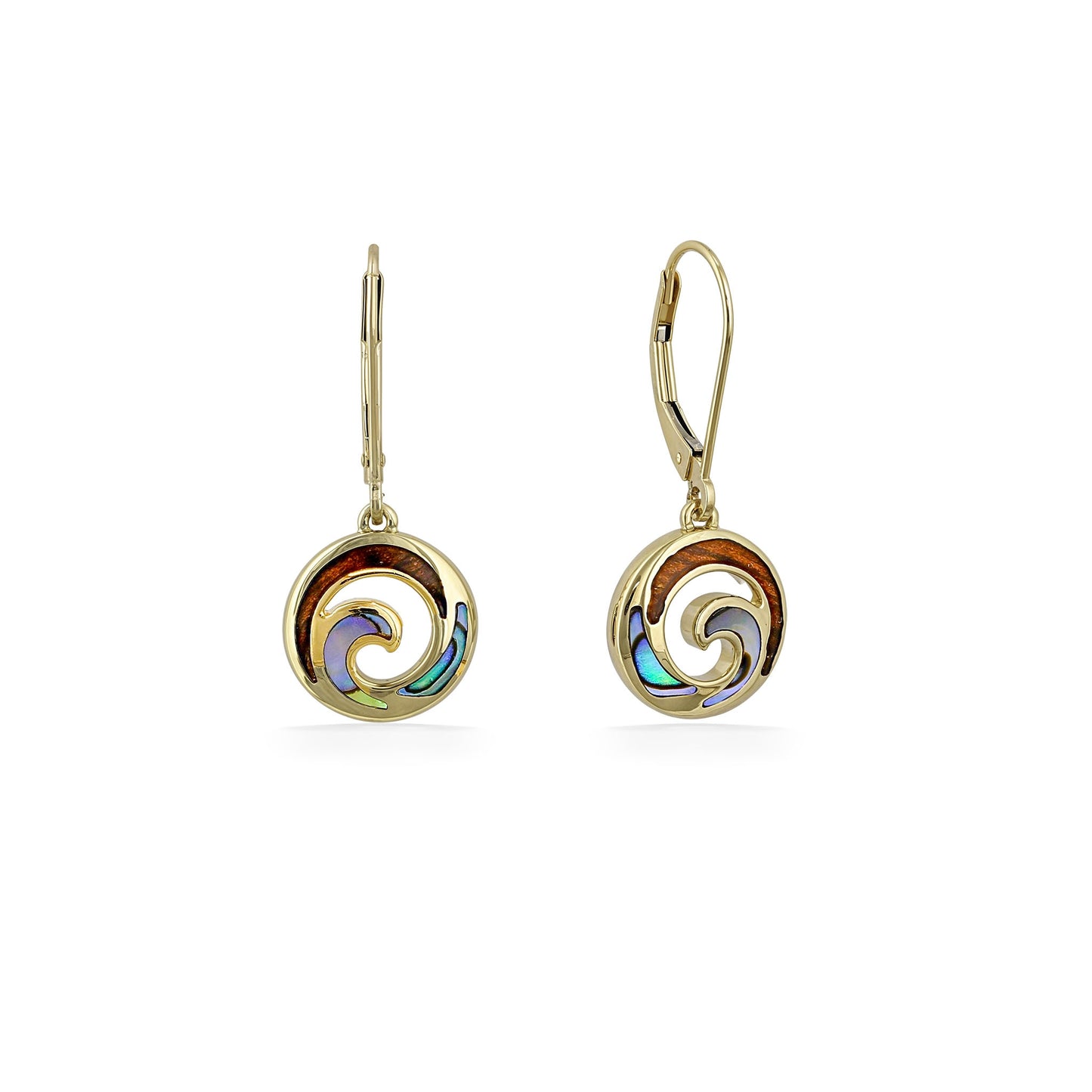 Gold leverback earrings featuring circular wave motifs with wood and iridescent abalone inlay. Item No. 45287