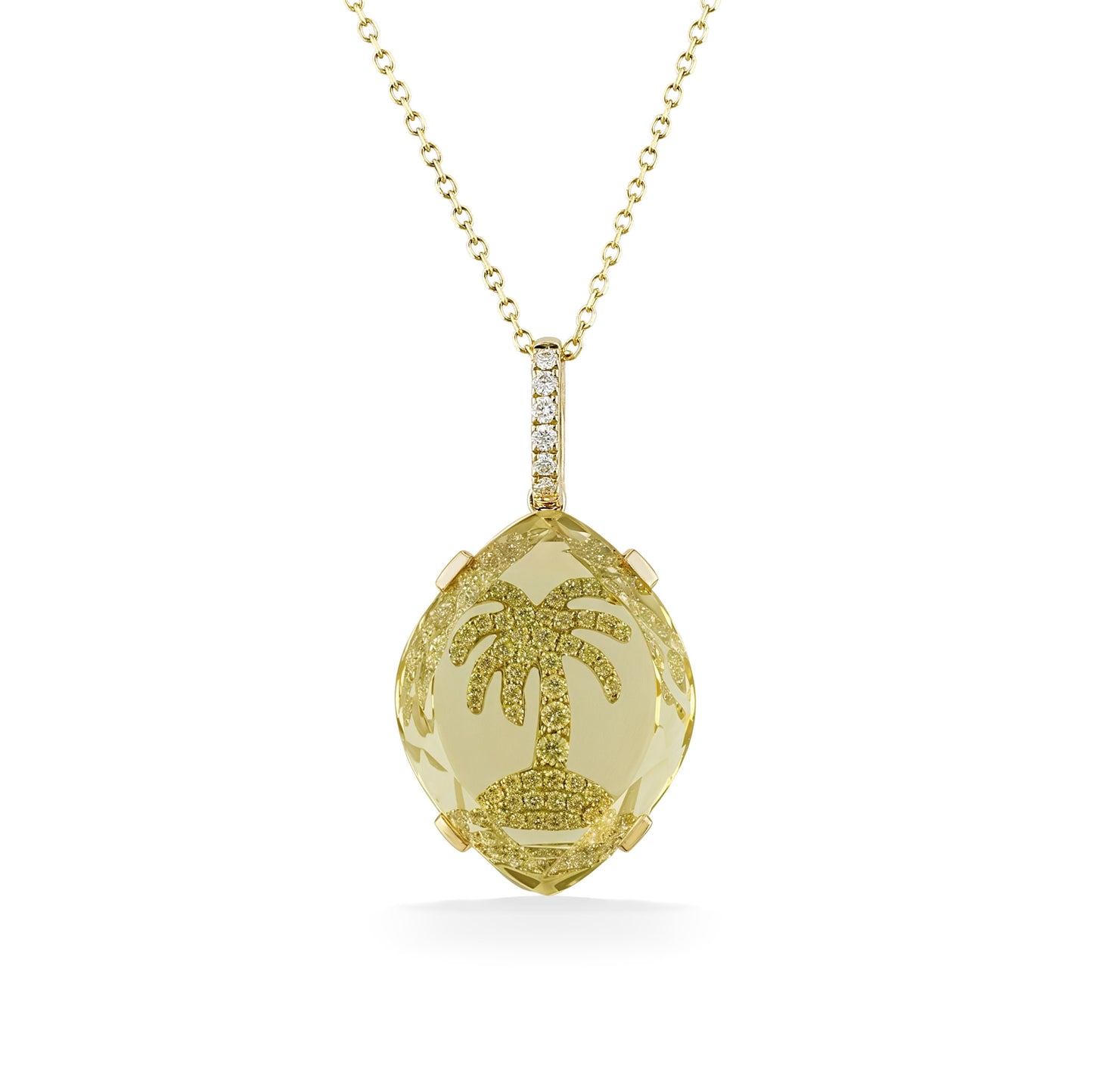 A faceted golden gemstone pendant reveals an etched palm tree motif accented with shimmering diamond details. Item No. 774276