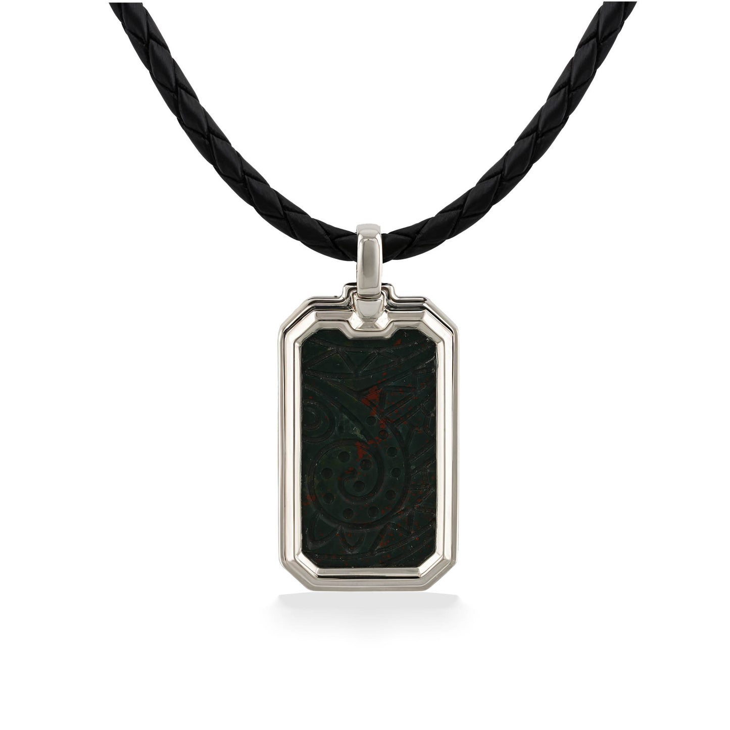 Rectangular pendant with carved bloodstone inlay set in sterling silver hung on a black braided leather cord. Item No. 45292