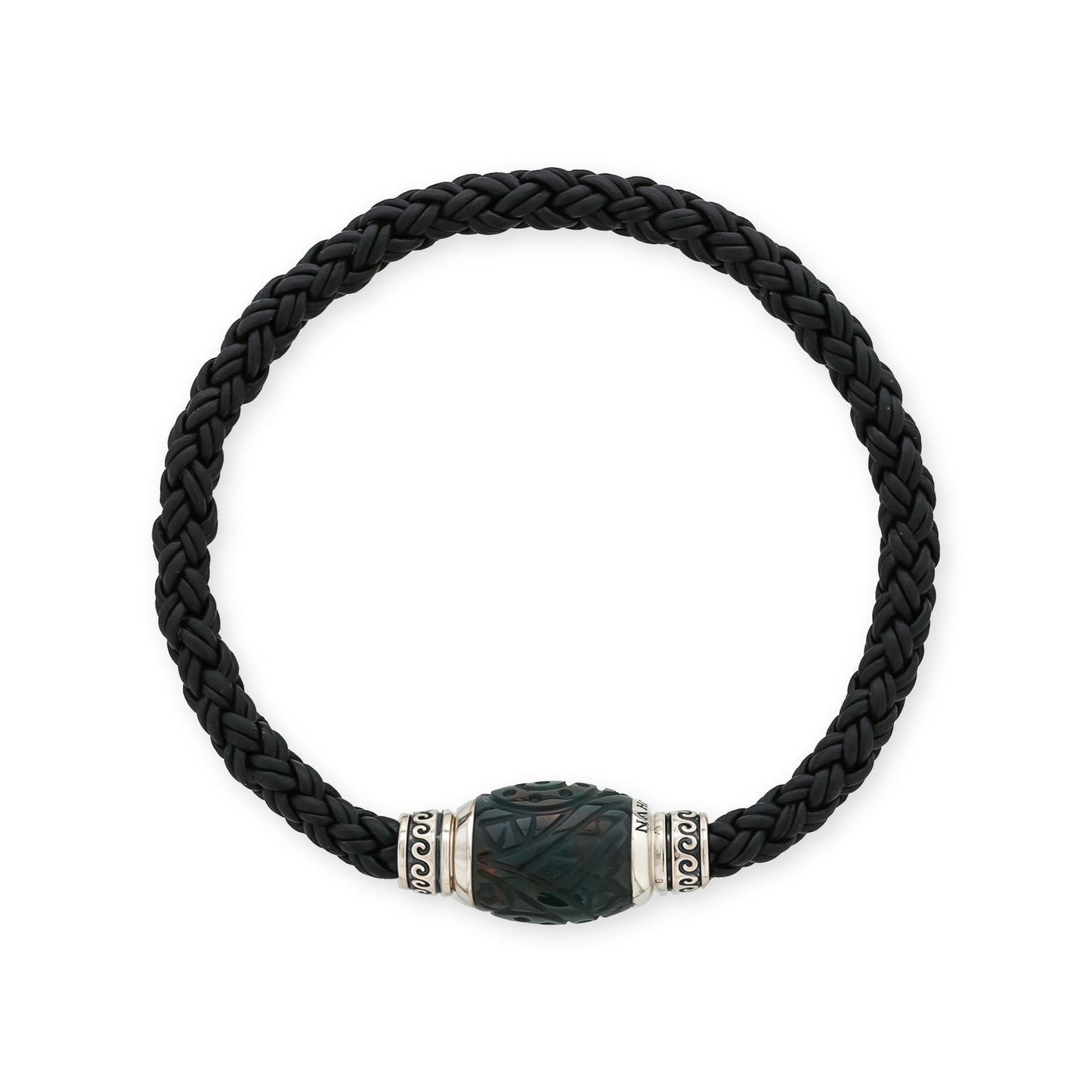 Men’s bracelet made of black braided leather with a carved bloodstone center framed by sterling silver detail. Item No. 45293