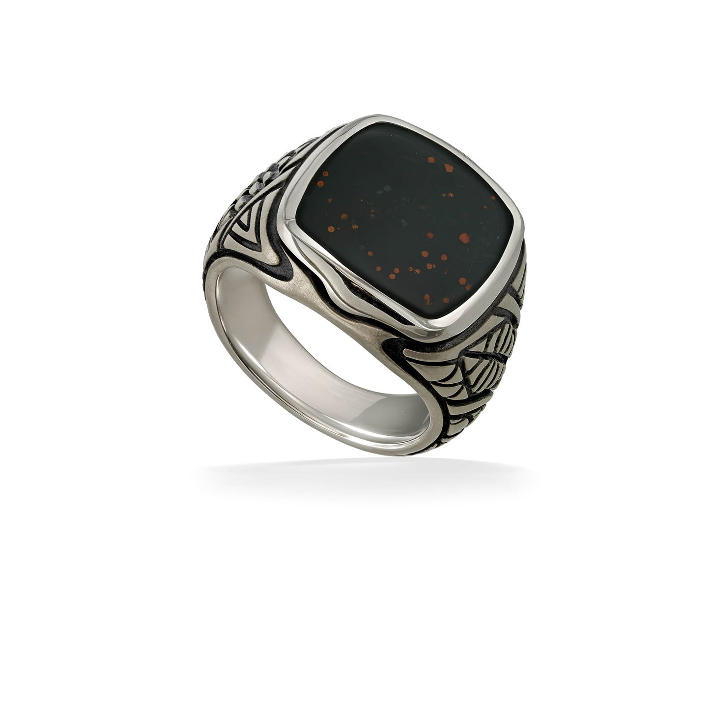 Sterling silver ring with rectangular bloodstone center & engraved tribal tattoo-style detail along the band. Item No. 45294