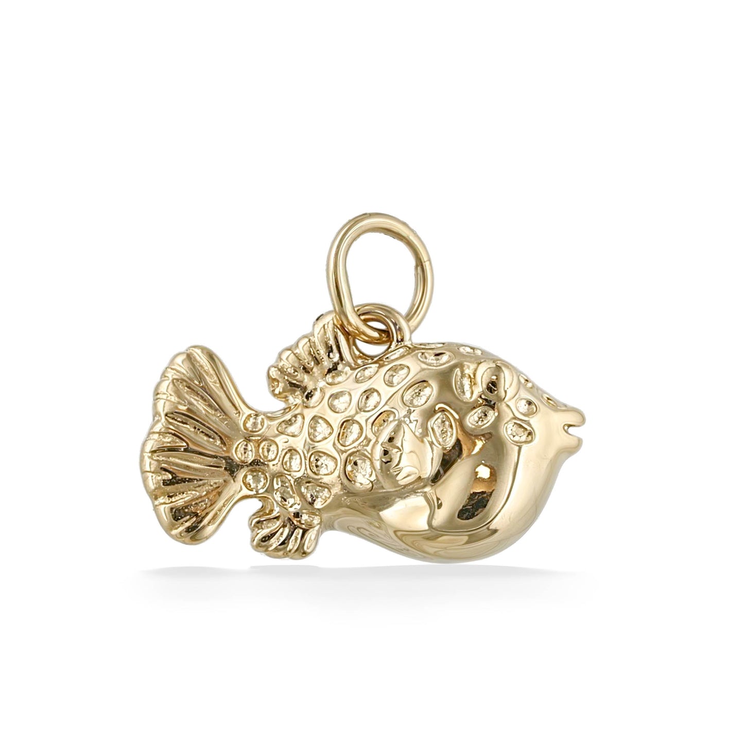 A polished yellow gold charm shaped like a pufferfish, complete with textured details & smooth, shiny finish. Item No. 45396