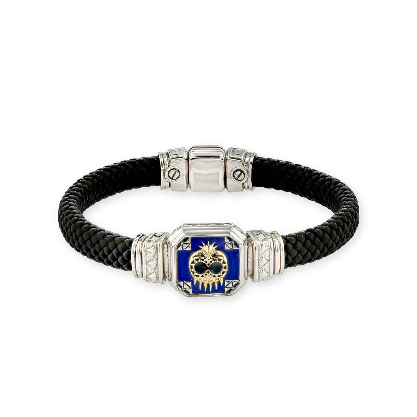 A black braided leather bracelet centered with a silver & gold Ikaika warrior helmet framed by blue lapis. Item No. 45304