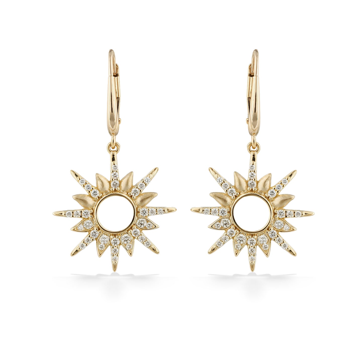 Front view of diamond sunburst leverback earrings featuring radiant yellow gold and sparkling diamond accents. Item No. 45308