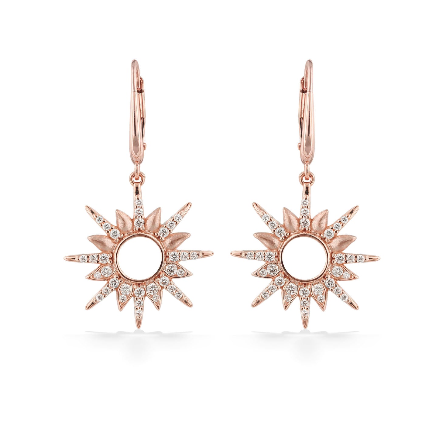 Seen head-on, sun-inspired drop earrings highlight layered rays, soft matte textures & sparkling diamonds. Item No. 45310