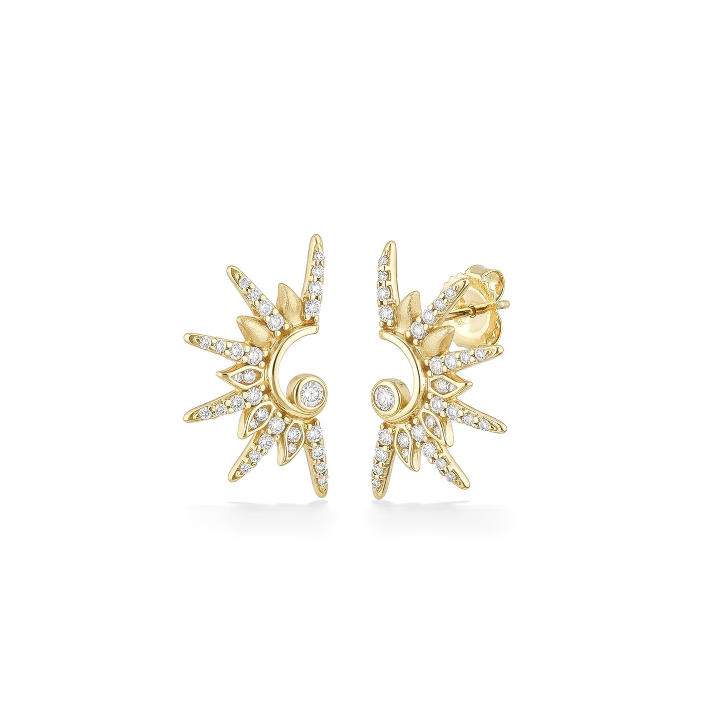 Gold diamond stud earrings shaped like radiant sunbursts with curved crescent centers. Item No. 45330