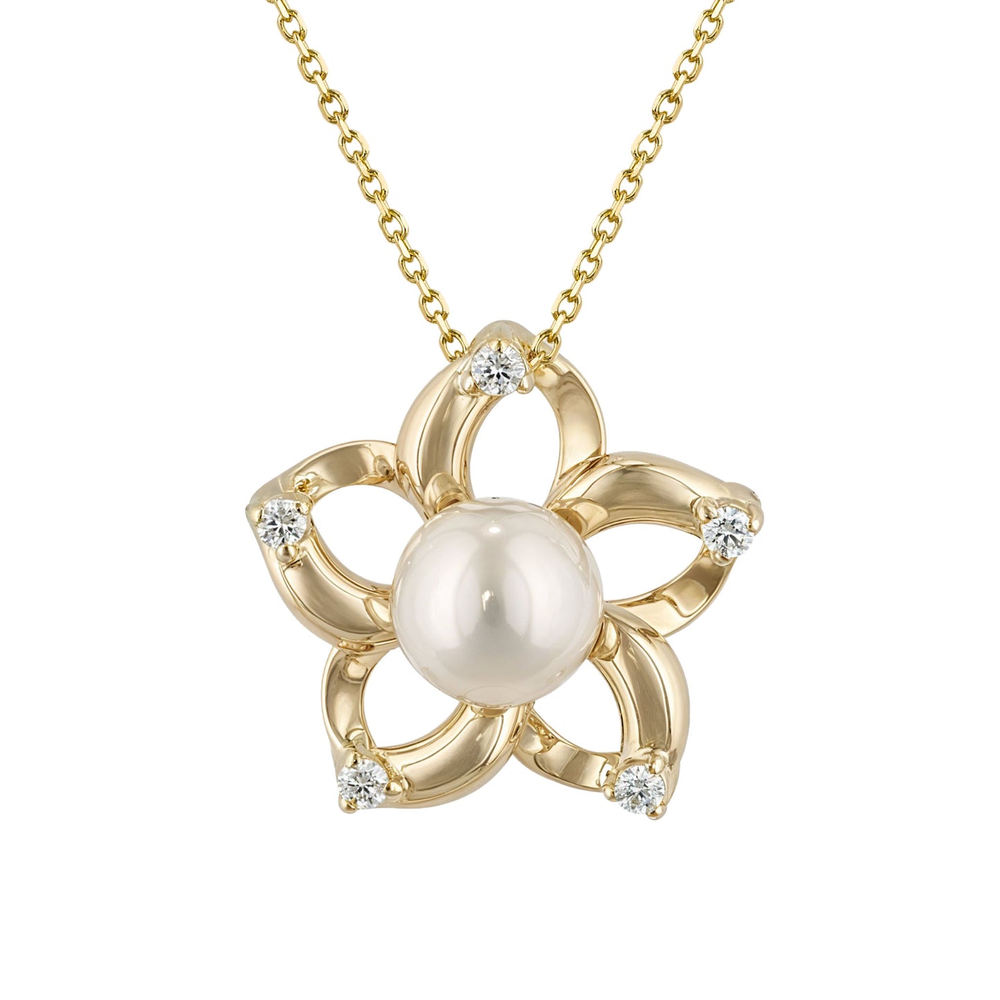 A sculpted gold plumeria flower pendant centers a luminous akoya pearl, accented with diamonds on each point. Item No. 45344