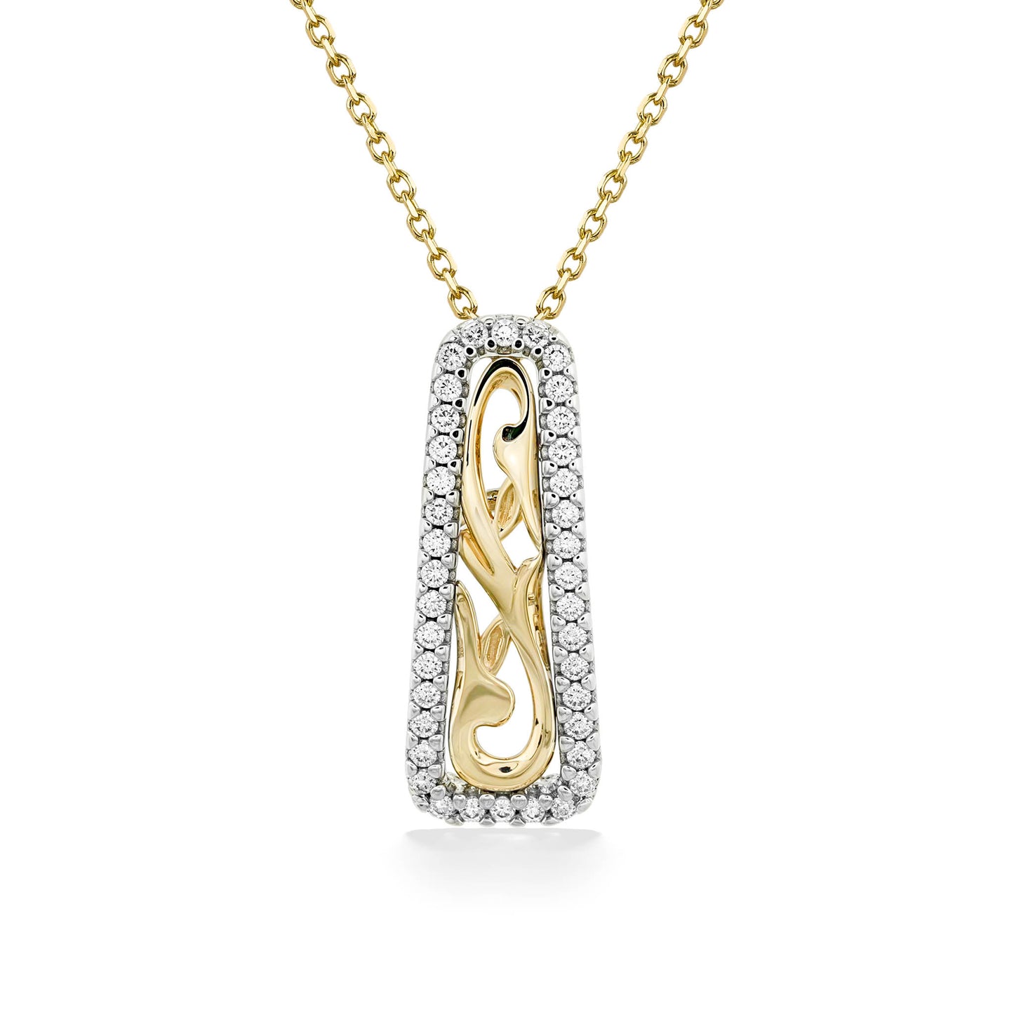 An elongated pendant showcases flowing gold scrollwork framed by pavé-set diamonds on a yellow gold chain. Item No. 45329