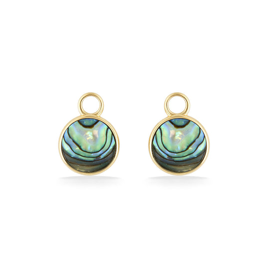 Round Petite Horizon Earring Charm in 14K yellow gold with abalone inlay. Item No. 45398
