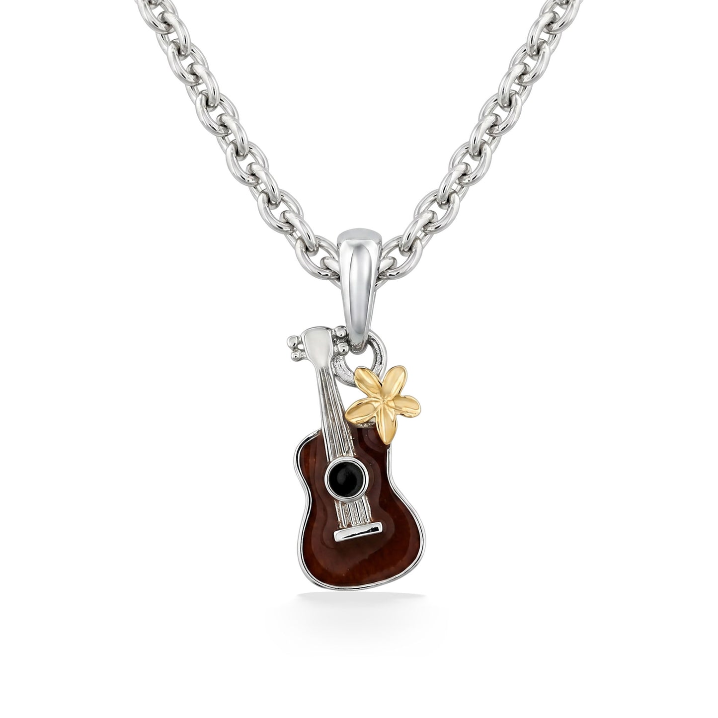 Sterling silver and 14K gold children's ukulele and plumeria pendant with adjustable chain. Item No. 45381