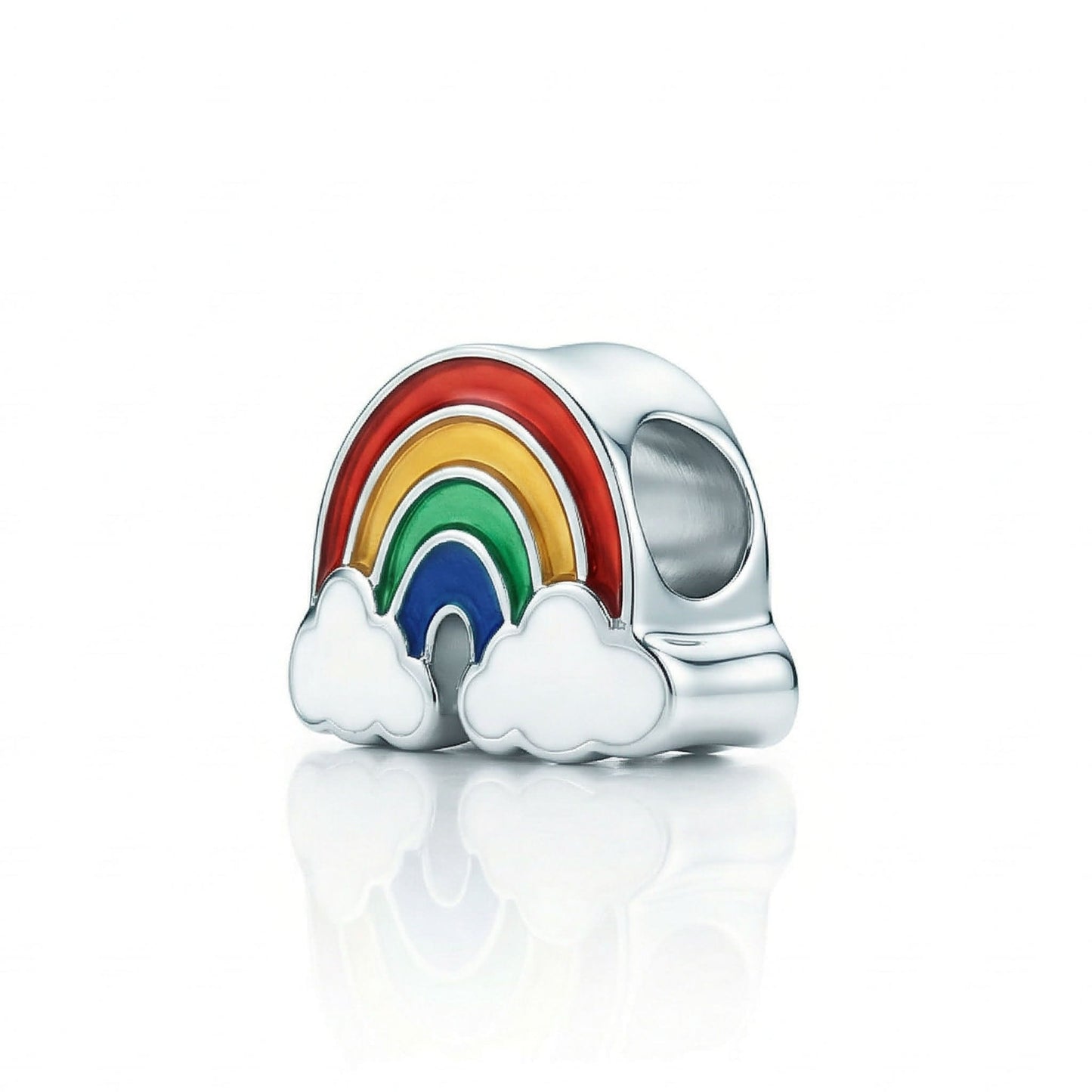 Angled view of sterling silver rainbow puka bead with two enamel clouds, one on each end. Item No. 45383