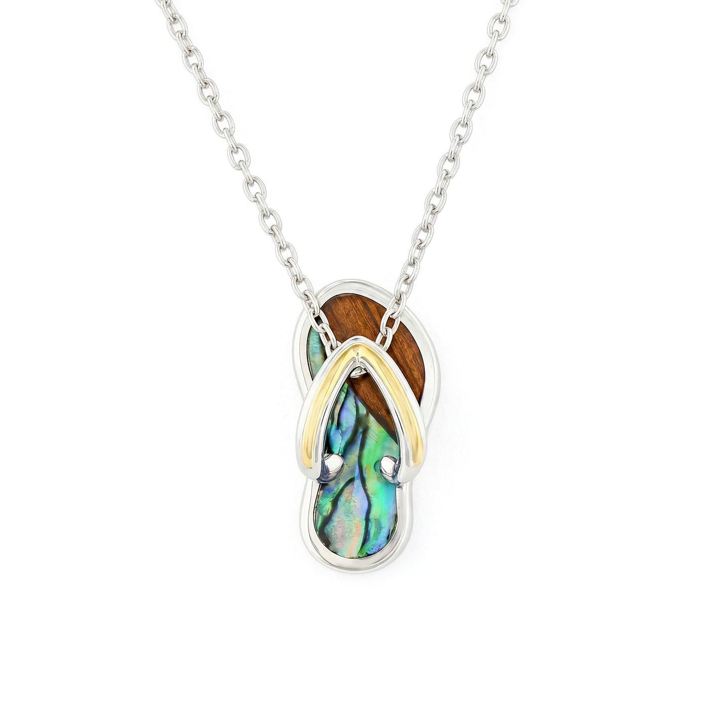 A slipper shaped pendant in sterling silver and a gold strap with koa wood and abalone inlay on a silver chain. Item No. 45404