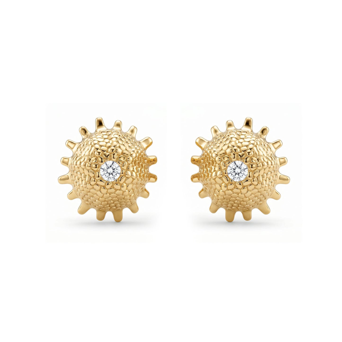 Diamond sea urchin stud earrings in 14K yellow gold, front view. Item No. 45405