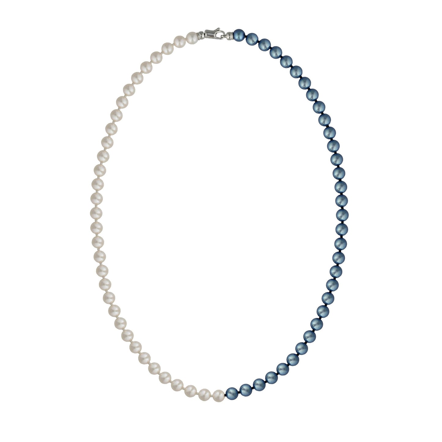 Two-tone white and blue akoya pearl strand necklace with 6-6.5mm pearls and a 14k white gold clasp. Item No. 774384